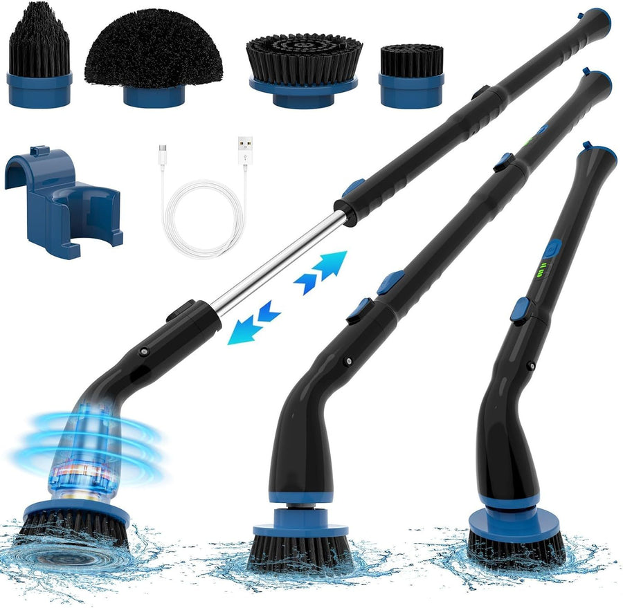 Elektrischer Spin Scrubber, kabellose Reinigungsbürste mit 4 austauschbaren Bürstenköpfen und verstellbarem Verlängerungsgriff, Power-Duschschrubber für Badezimmer, Küche, Badewanne, Fliesen, Boden