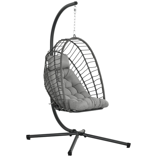 Outdoor PE Rattan Swing Chair With Foldable Basket And Cushion, Garden Patio Hanging Egg Chair With Metal Stand, Headrest For Indoor And Outdoor, Light Grey