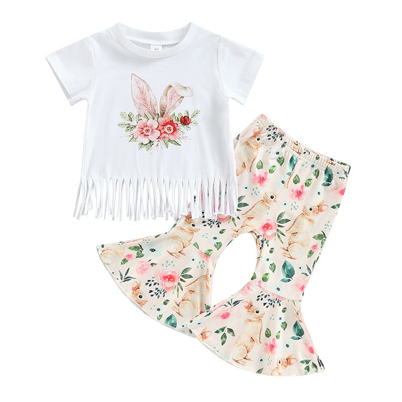 Easter Bunny Print Tassel Short-Sleeve Flare Pants Two-Piece Set