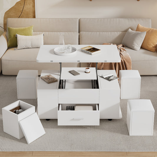 Lift Top Coffee Table With Wheels,  Convertible Dining & Work Table With 4 Stools, Hidden Storage, Extendable Side Table, Space-saving End Table,Tea Table, White, 100x50x45cm Folded