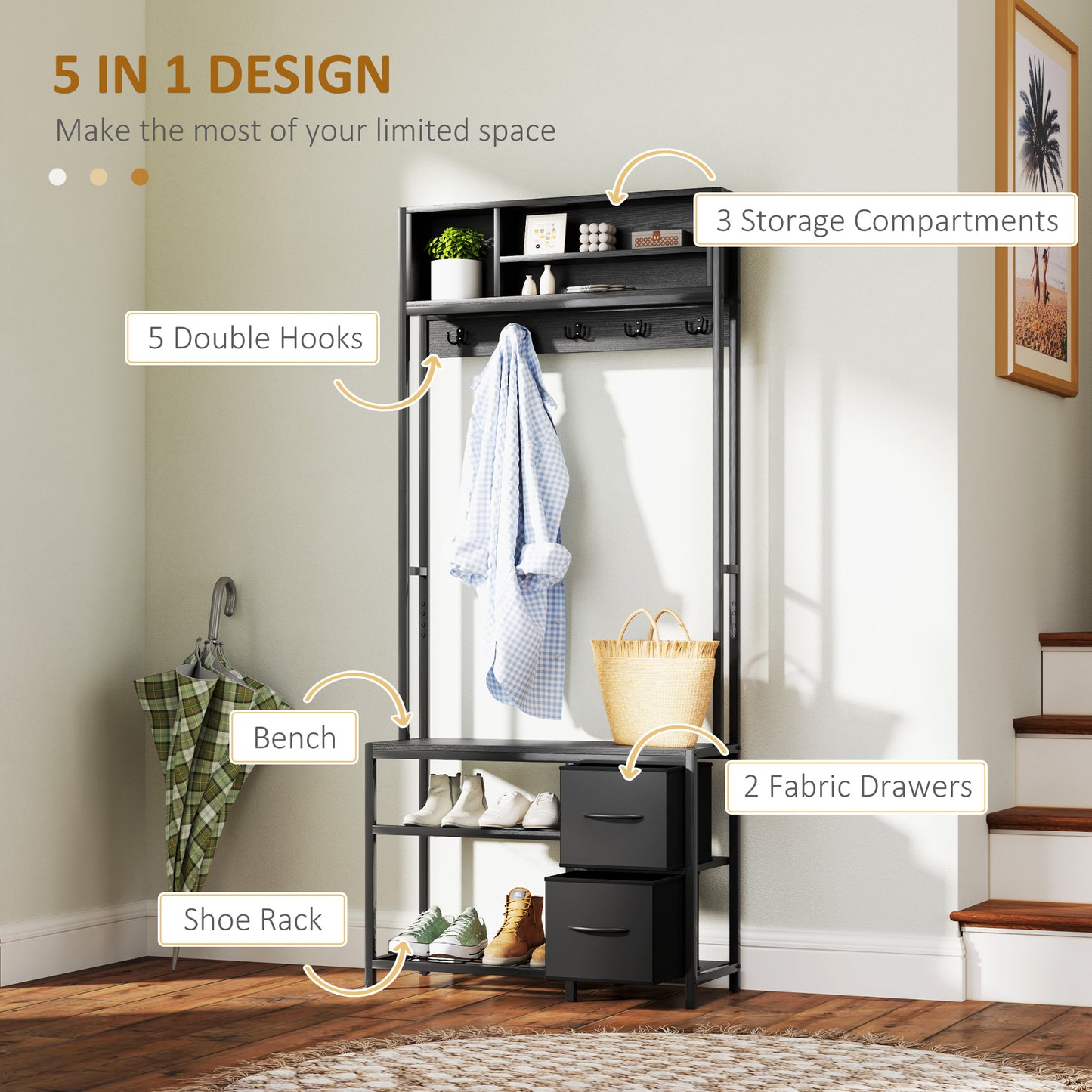 Hall Tree with Bench and Shoe Storage, 5-in-1 Entryway Bench with Coat Rack, 3 Storage Shelves, 2 Fabric Drawers, Black