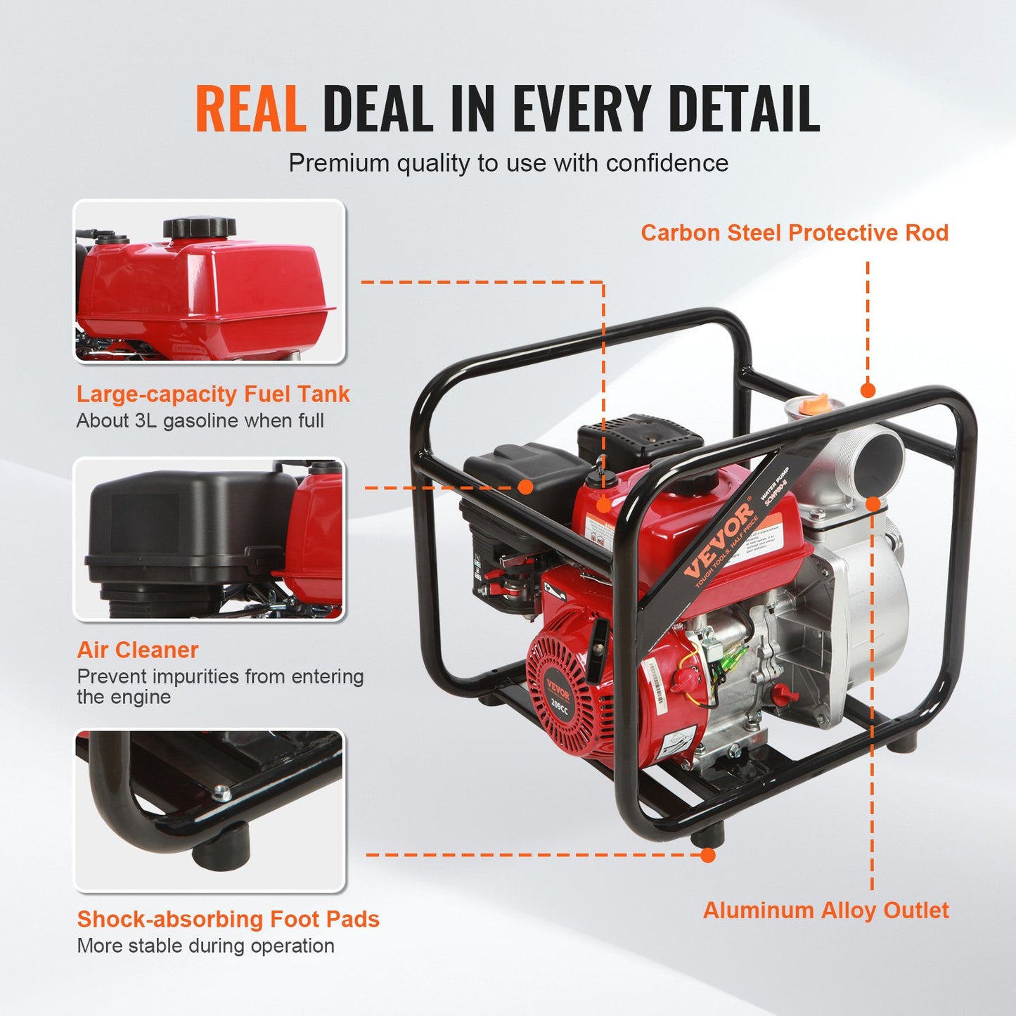 Gasoline Engine Water Pump, 3-inch, 7HP 265 GPM, 142ft Lift, 22ft Suction, 4-Stroke Gas Powered Trash Water Transfer Pump Portable High Pressure With 25ft Hose For Irrigation Pool, EPA Certified
