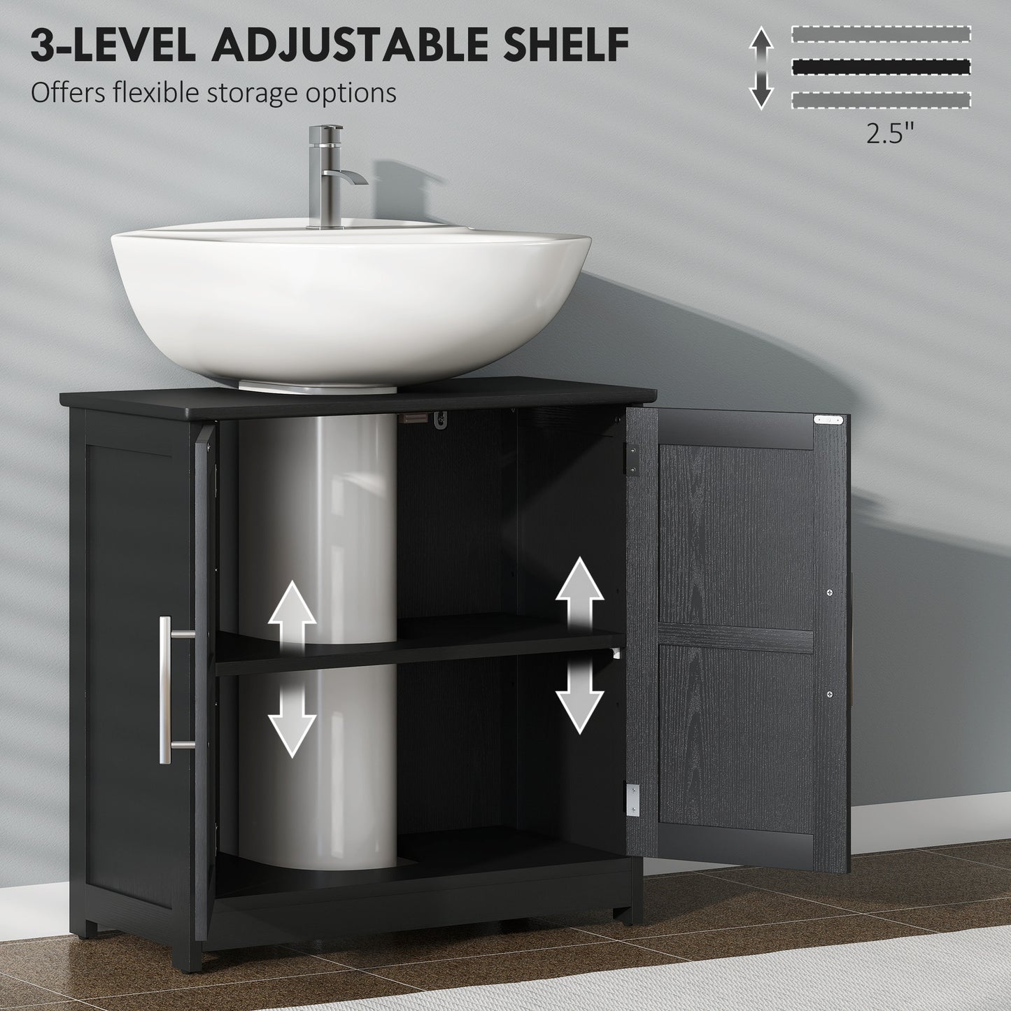 Farmhouse Pedestal Sink Storage Cabinet, Bathroom Sink Cabinet with 2 Barn Doors and Adjustable Shelf, Distressed Black