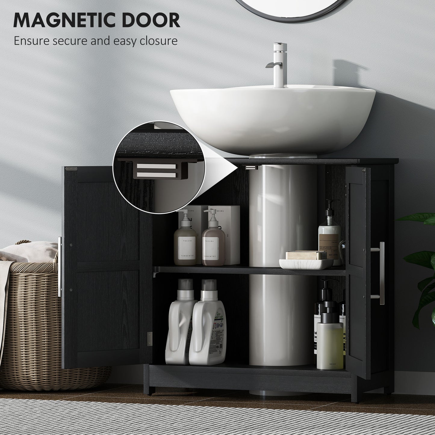 Farmhouse Pedestal Sink Storage Cabinet, Bathroom Sink Cabinet with 2 Barn Doors and Adjustable Shelf, Distressed Black