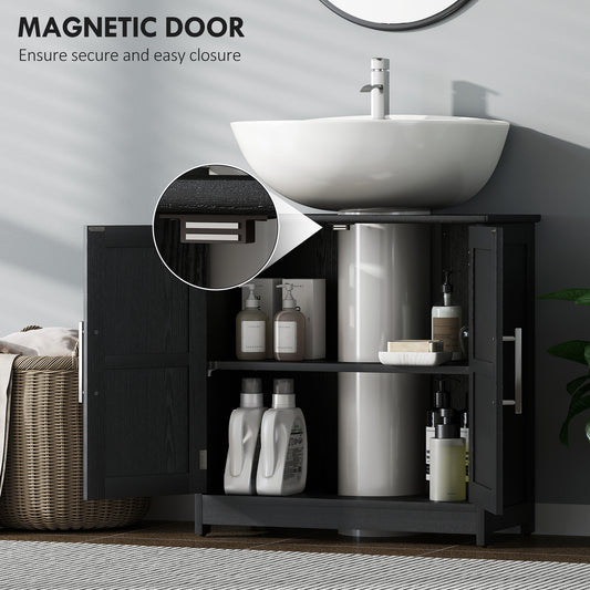 Farmhouse Pedestal Sink Storage Cabinet, Bathroom Sink Cabinet with 2 Barn Doors and Adjustable Shelf, Distressed Black