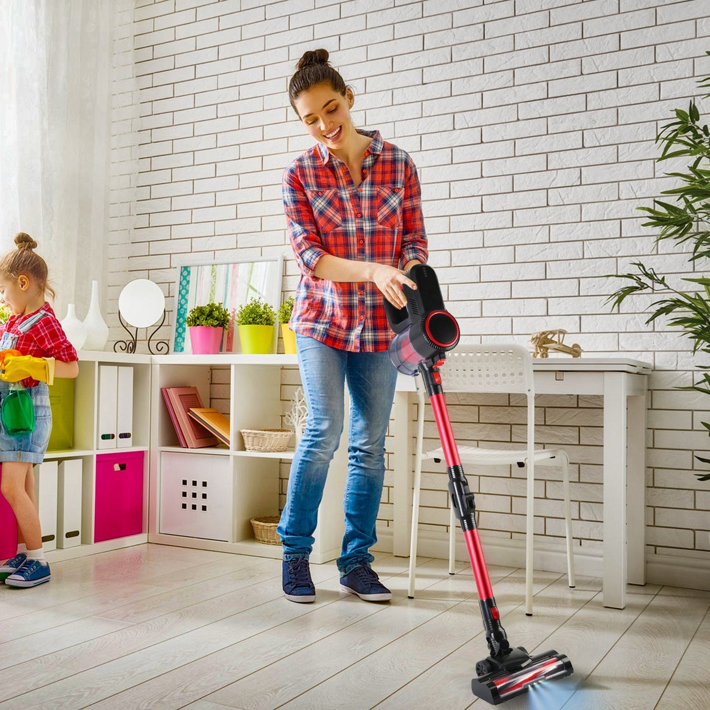 Cordless Vacuum Cleaner Lightweight Handheld Vacuum Upright Stick Floor Vacuum Battery Powered Mop With Lighting 2 Speeds 12000PA Suction 4 Tools Mount Bracket 180 Degree Foldable