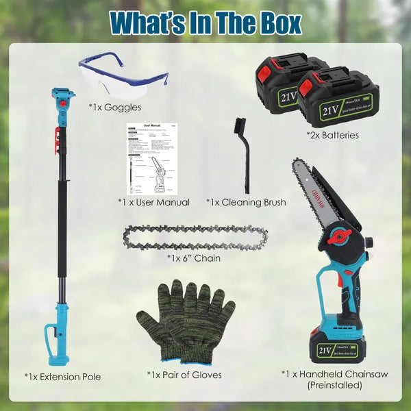 2-IN-1 Cordless Pole Saw And Mini Chainsaw With Extension Pole 21V Battery 6' Electric Brushless Pole Chainsaw With Digital Display Auto Oiler Safety Switch For Tree Trimming