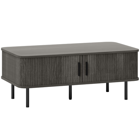 Coffee Table With Storage, Living Room Table With Slatted Tambour Sliding Doors And Foot Pads, Rectangular Coffee Table With Elevated Base For Living Room, Grey Wood-Effect