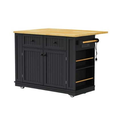 Large Kitchen Island With 2 Bar Stools, Power Outlet, Door Internal Storage Rack, Kitchen Storage Cart On 5 Wheels With Drop Leaf, 5 Open Side Racks, 2 Drawers,for Kitchen,Dining Room