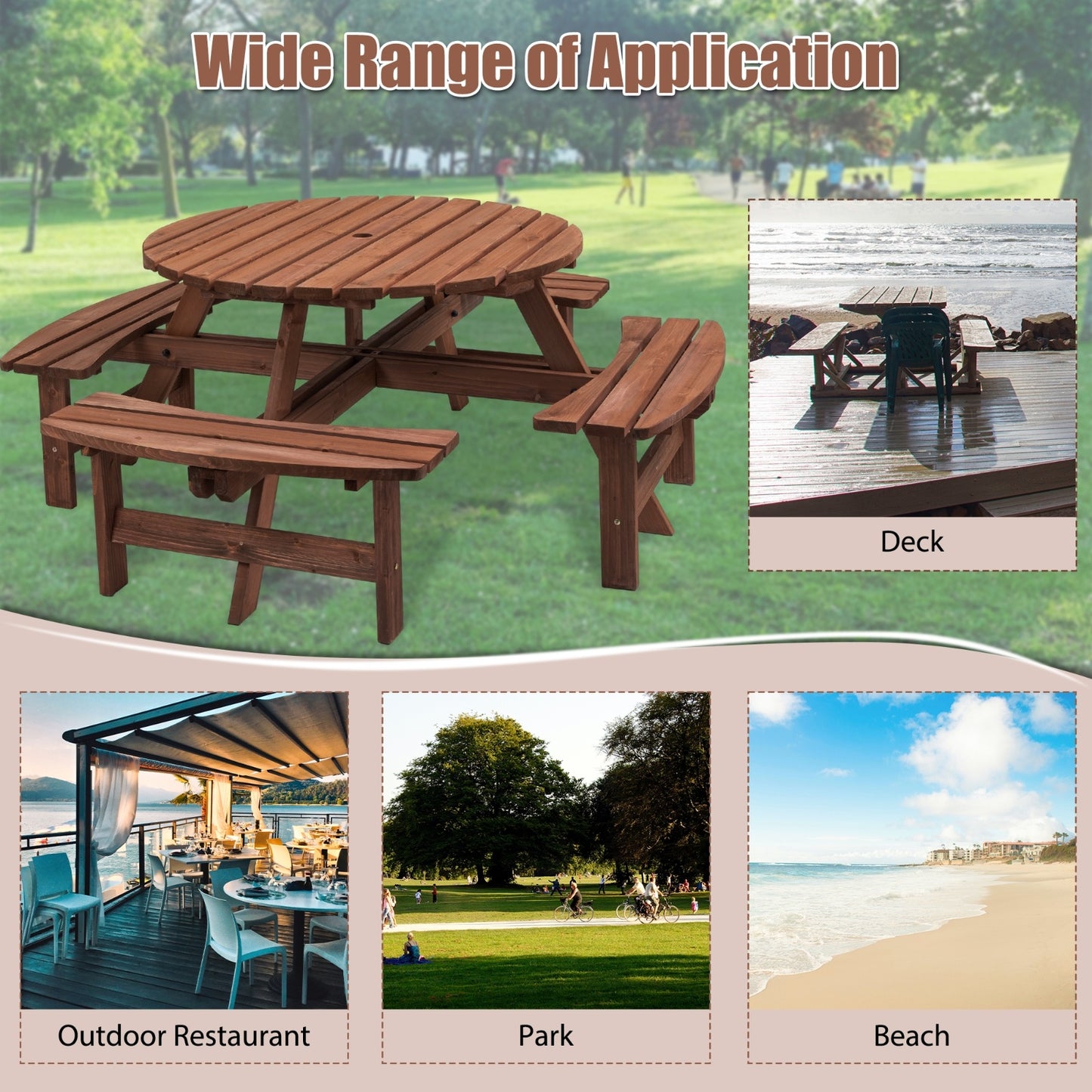 8 Person Wooden Picnic Table - Outdoor Camping Dining W 4 Built-in Benches