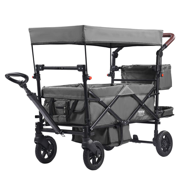 Wagon Stroller For 2 Kids, Push Pull Quad Collapsible Stroller With Adjustable Handle, Encircling Harness Removable Canopy, 4 Wheels W/ Brakes, Mutifunction Tandem Stroller For Camping Dark Grey