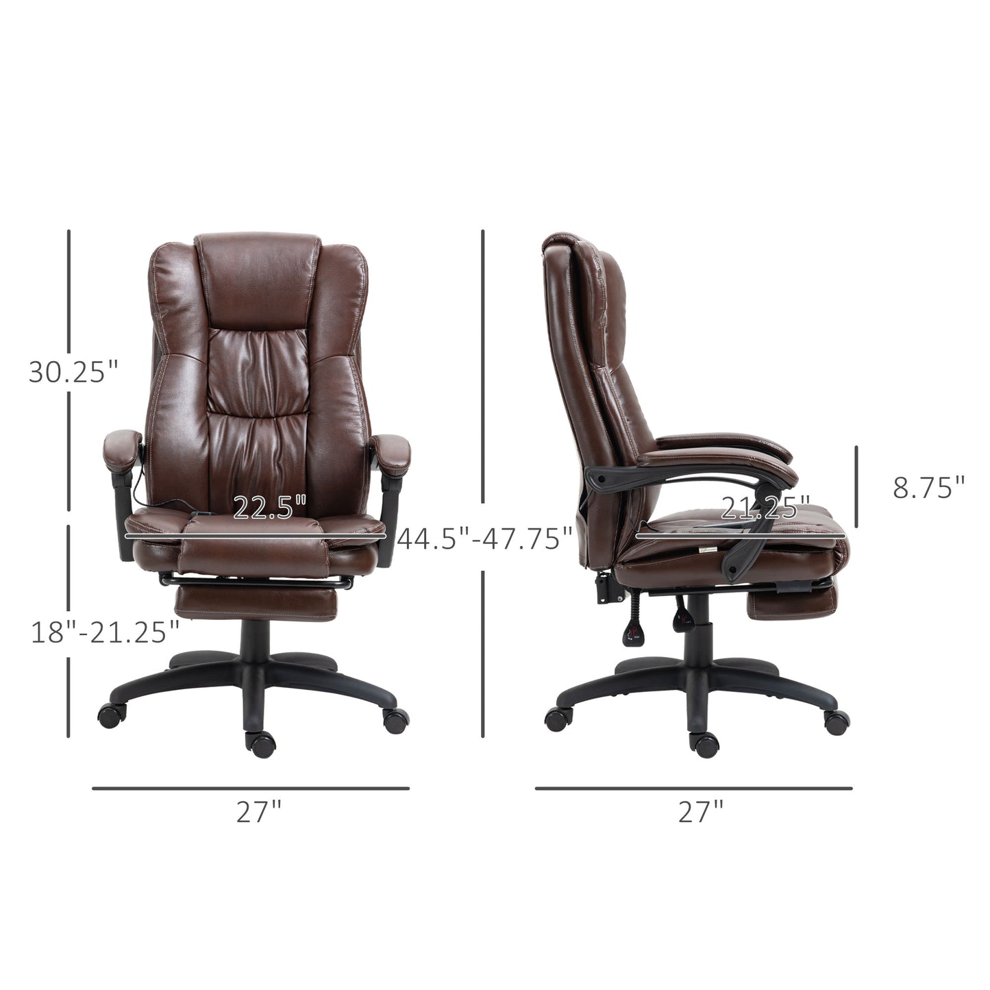 High Back Massage Office Chair with 6-Point Vibration, 5 Modes, Executive Chair, PU Leather Swivel Chair with Reclining Back, and Retractable Footrest, Brown