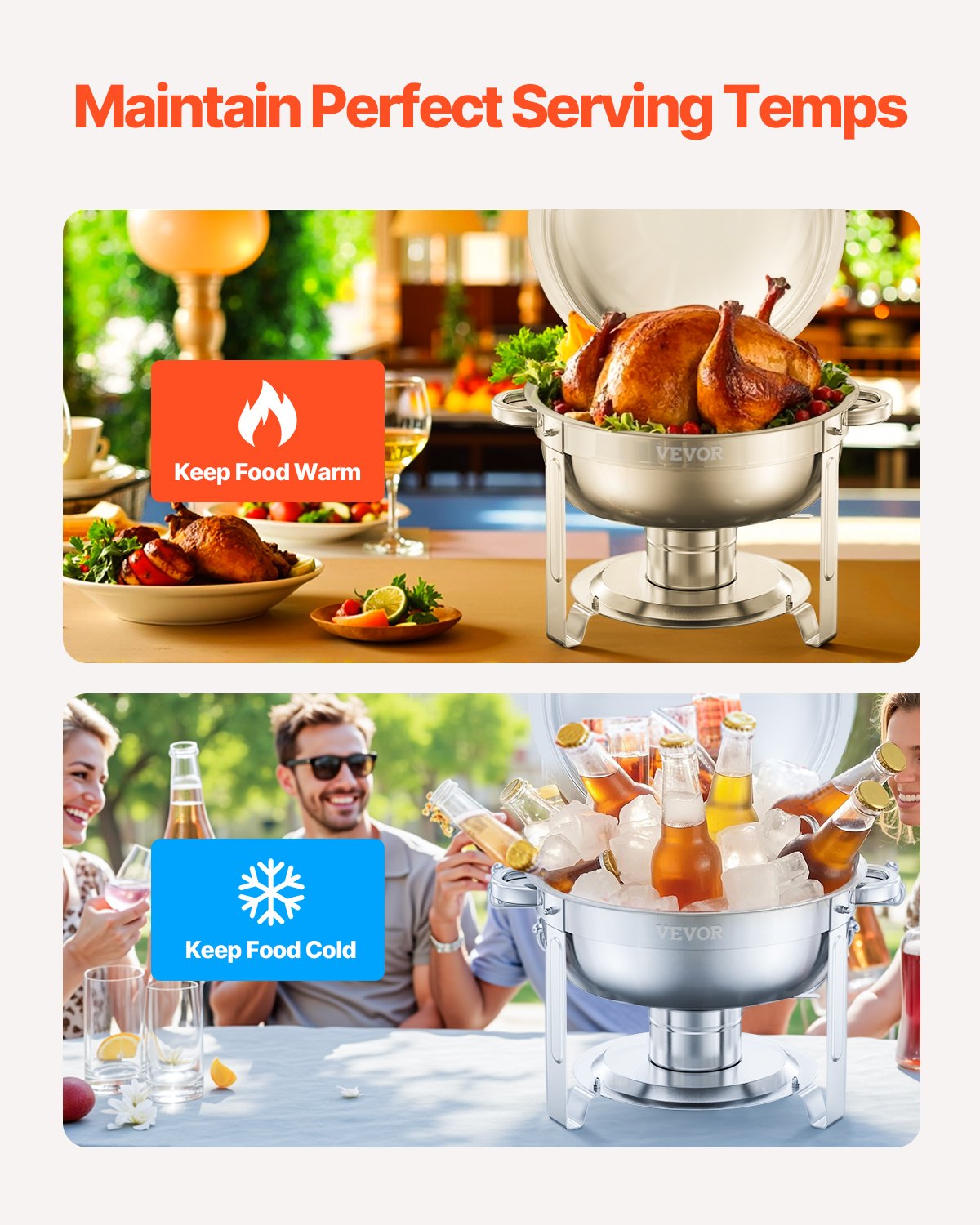 5 Qt 2 Pack Round Chafing Dish Buffet Set Full-Size Pan Stainless Steel Silver