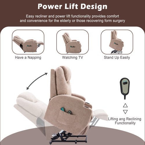 Power Lift Recliner Chair Massage Chair For Elderly, Electric Lift Chair With Heat And Massage, Fabric Recliner Sofa With 2 Cup Holders, Side Pockets  Remote Control For Living Room