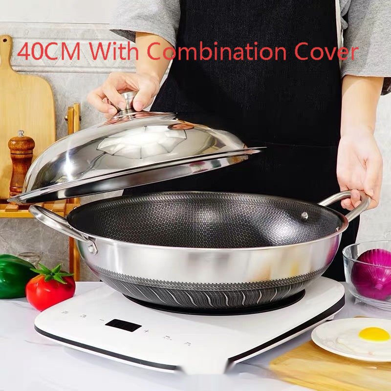 304 Stainless Steel Pot With Two Handles Honeycomb Uncoated Flat Bottom Wok