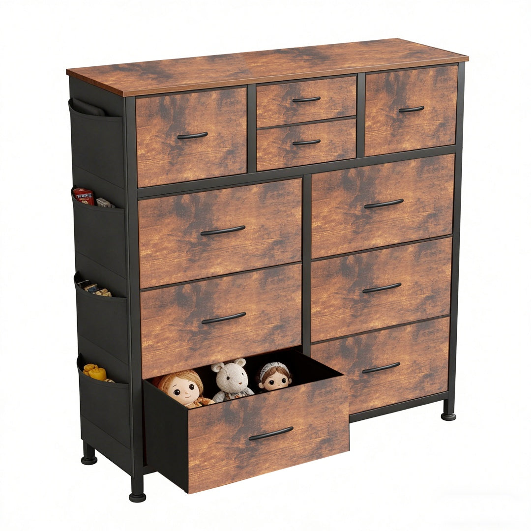 10-Drawer Dresser With Side Pocket & Hooks, Storage Cabinet With Wood Top For Bedroom Closet Organization