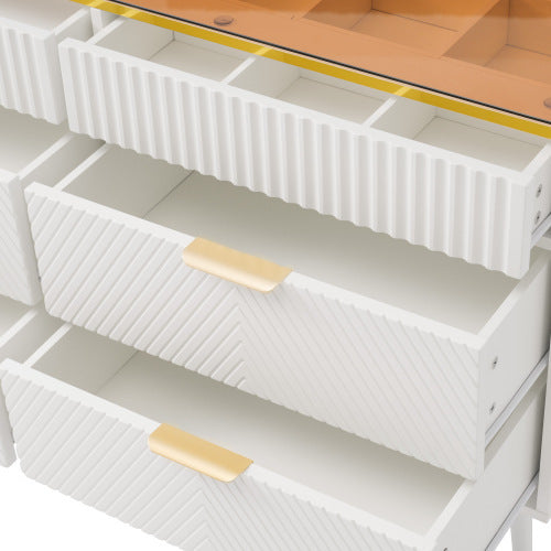 Sideboard Cabinet Dresser With 6 Drawers,Amber Glass Chest Of Drawers, Compartmentalised Storage,Anti-tip,Dressing Table For Living Room, Hallway, Bedroom, And Children's Room, 120 X 40 X 76 Cm, White