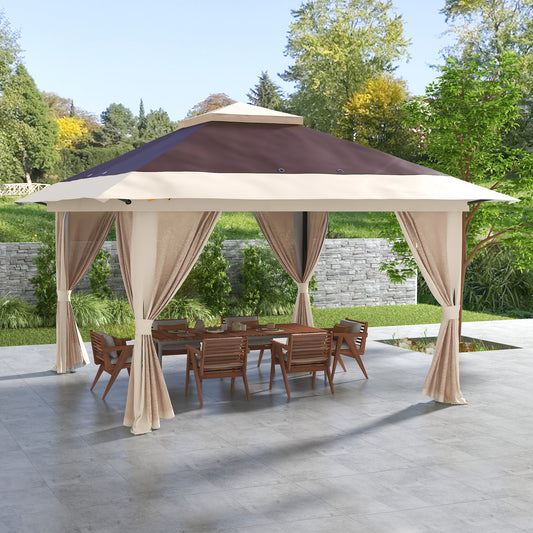 13' X 13' Pop Up Gazebo Instant Canopy Tent Shelter With 2-Tier Roof, Carry Bag, Wight Bags For Outdoor, Garden, Brown