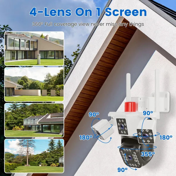 1080P HD 4-Lens Security Camera 360° View WiFi Pan & Tilt Surveillance Camera With Full Color Night Vision Auto Motion Tracking 2-Way Audio Spotlights IP66 Waterproof Max 128G Not Included