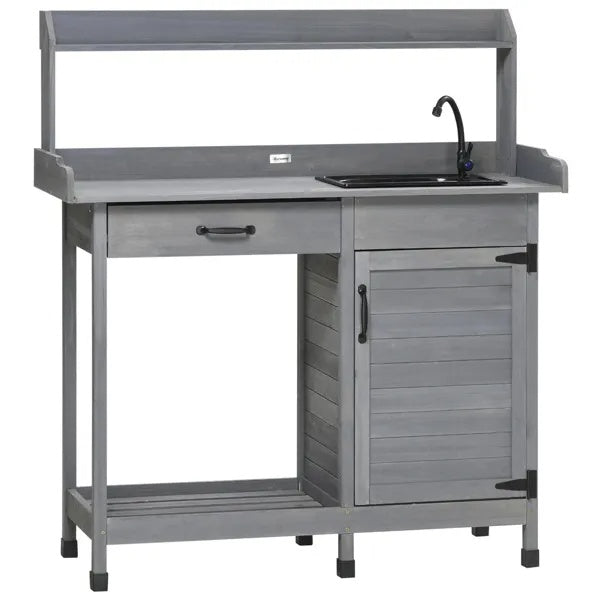 Gray Outdoor Potting Bench With Sink And Faucet ,Hooks,Storage Cabinet