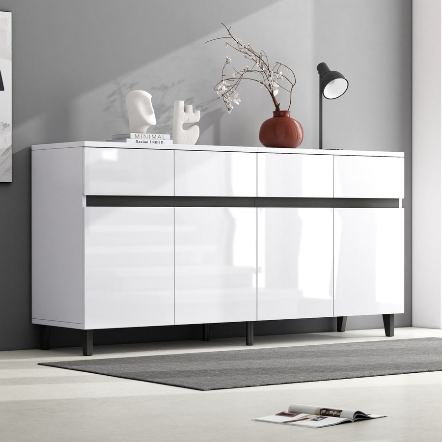 Storage Cabinet, Sideboard Buffet With 4 Drawers 4 Doors , Highboard Cabinet With Adjustable Shelves, Chest Of Drawers, Standing Cabinet, Cupboard Buffet For Living Room, Kitchen, 160X40X68cm, White