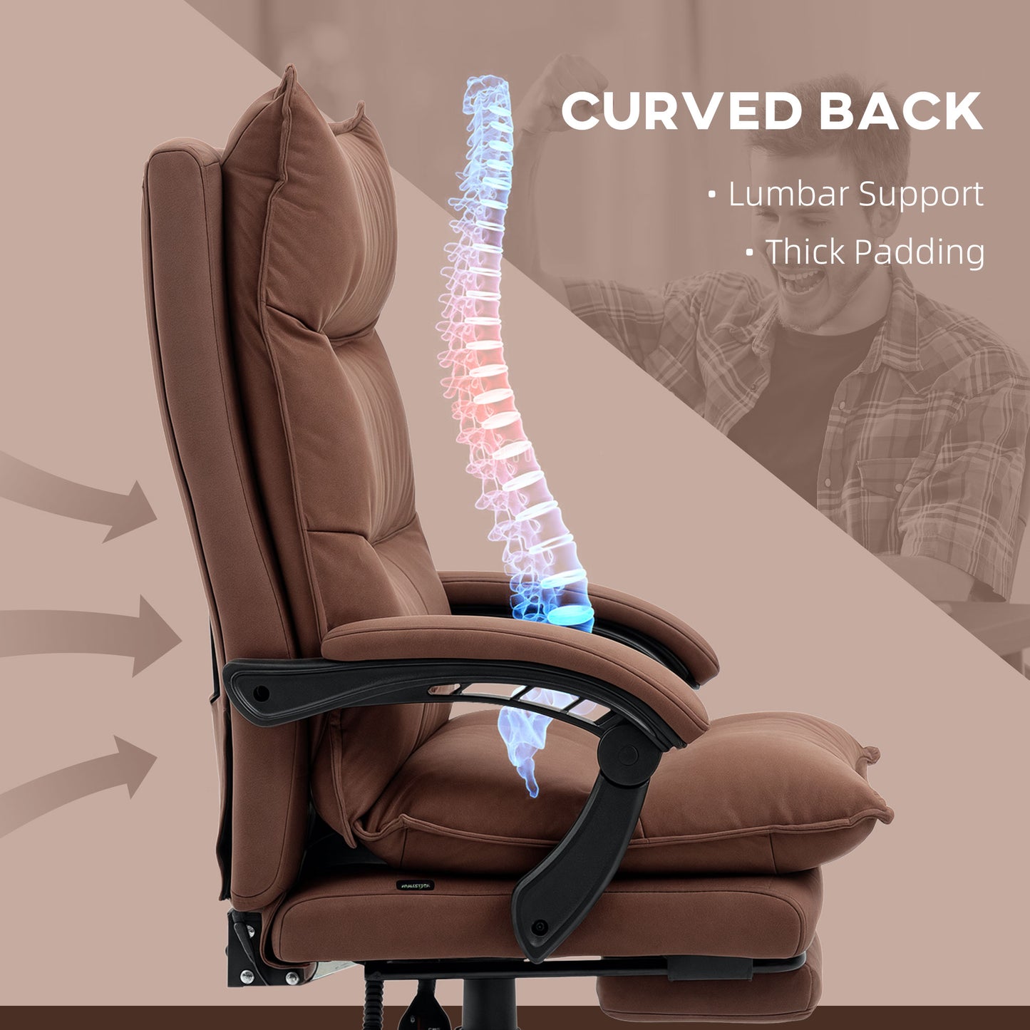 Executive Massage Office Chair With 6 Vibration Points, Microfiber Computer Desk Chair, Heated Reclining Chair With Footrest, Armrest, Double Padding, Brown