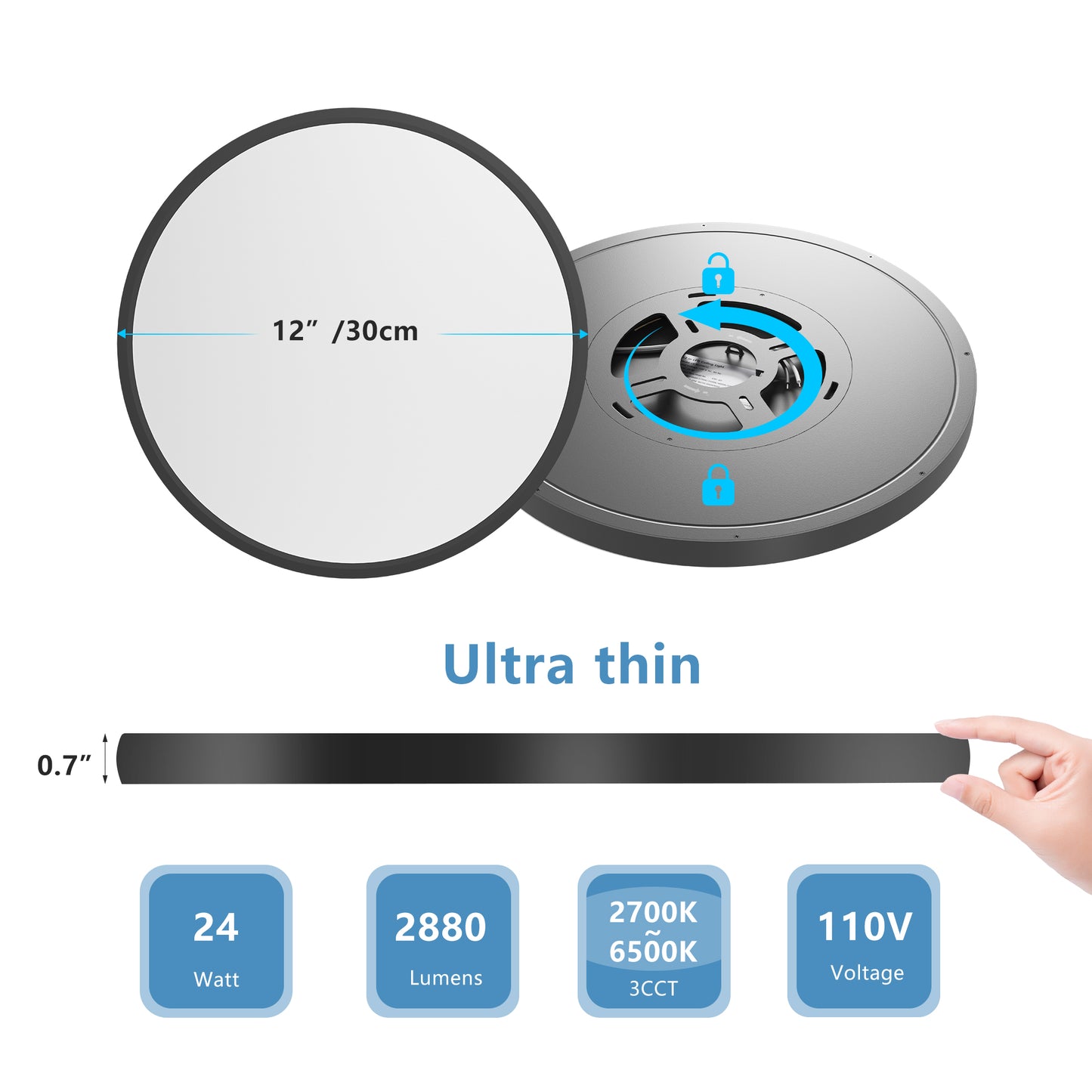 6PK 12 Inch Dimmable LED Flush Mount Ceiling Light, 2700K-6500K Adjustable,24W 2880LM Modern Ultra Thin Flat Round Fixtures For Low Ceiling Bedroom Kitchen Hallway Basement Closet, Black