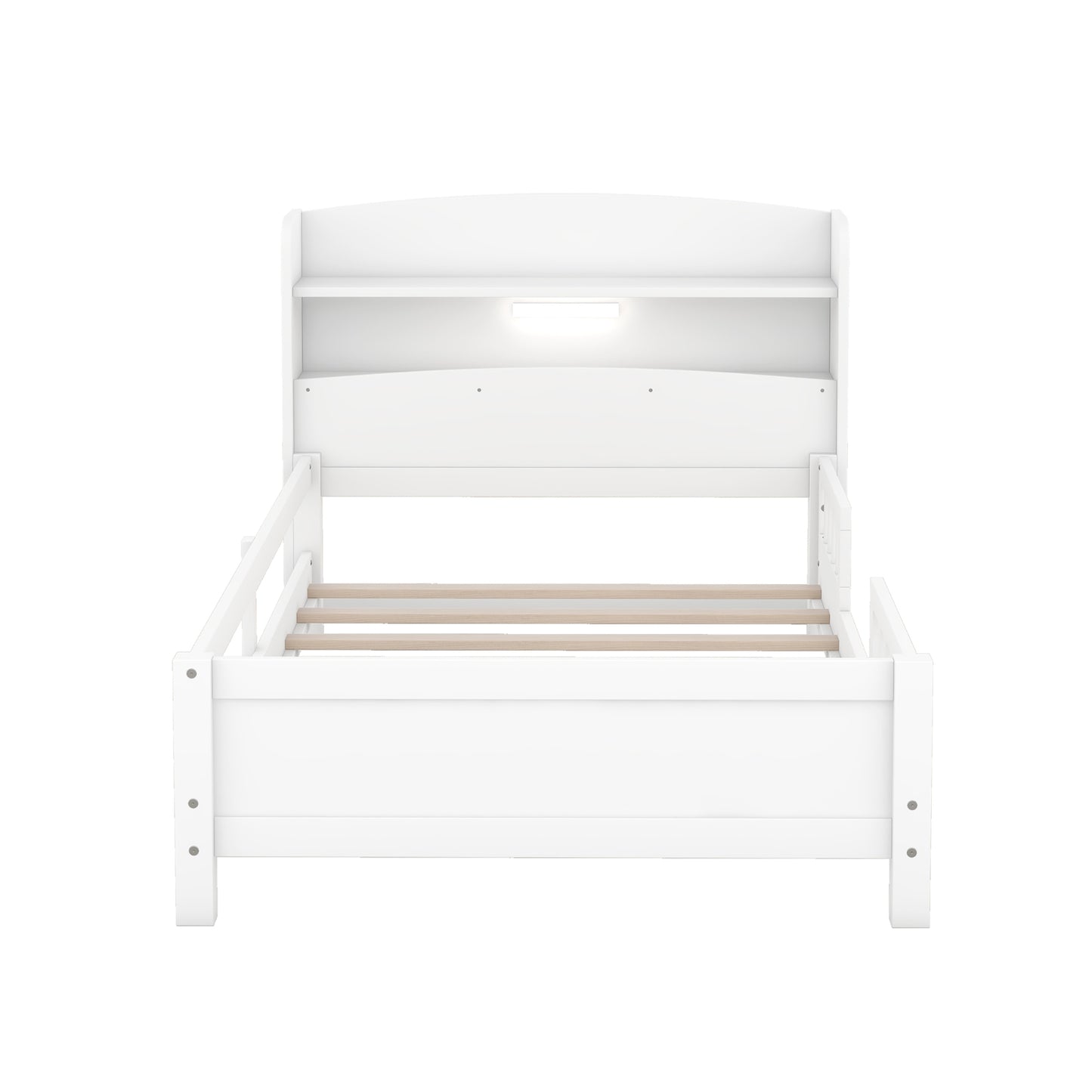 Twin Size Wood Platform Bed With LED, Storage Headboard & Guardrail, White