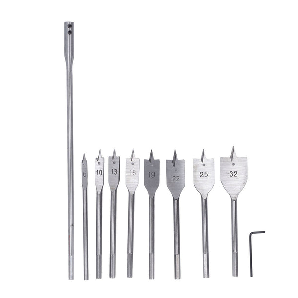 10Pcs Wood Drill Bit Set High Carbon Steel 8 Sizes 1/4in Shank Spade Drill Bits for Woodworking