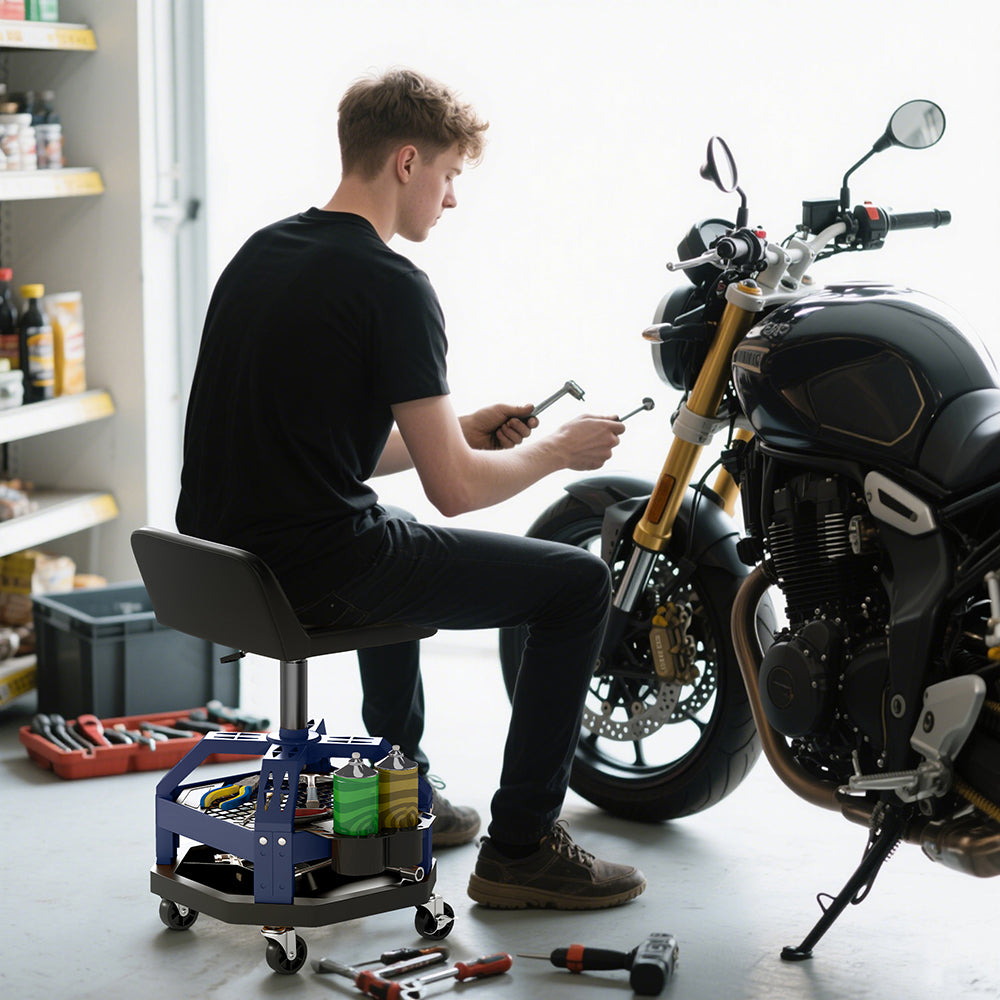 Rolling Creeper Garage Stool, 300 LBS Capacity Mechanic Stool With 360 Degrees Wheels, Tool Tray, Adjustable Height, Blue