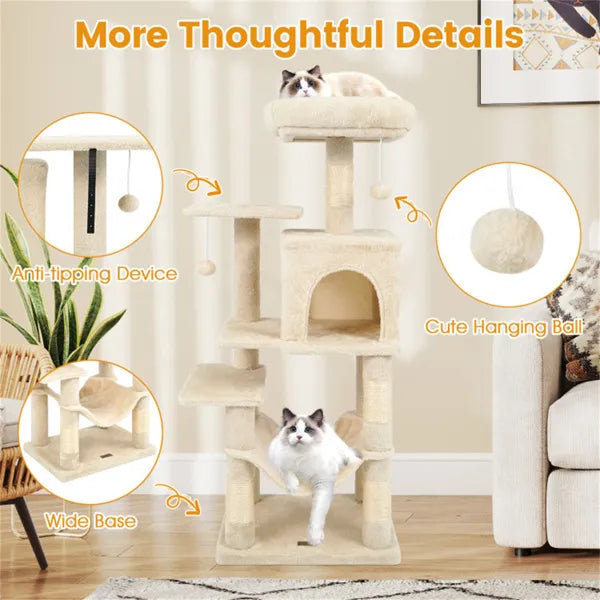 44" Multi-Level Cat Tree With Spacious Top Perch, 2-Door Condo & Hammock For Indoor Cats -Beige
