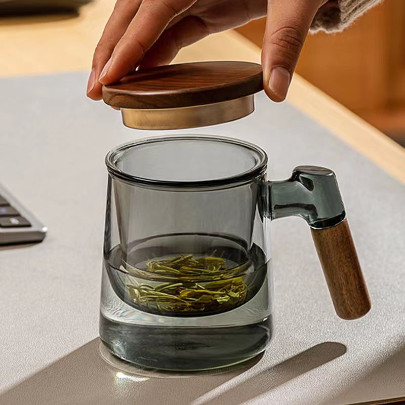 High Borosilicate Large Capacity Three-Piece Cup With Wooden Lid Green Tea Flower Tea Cup Office Heat-Resistant Tea-Water Separation Bubble Cup