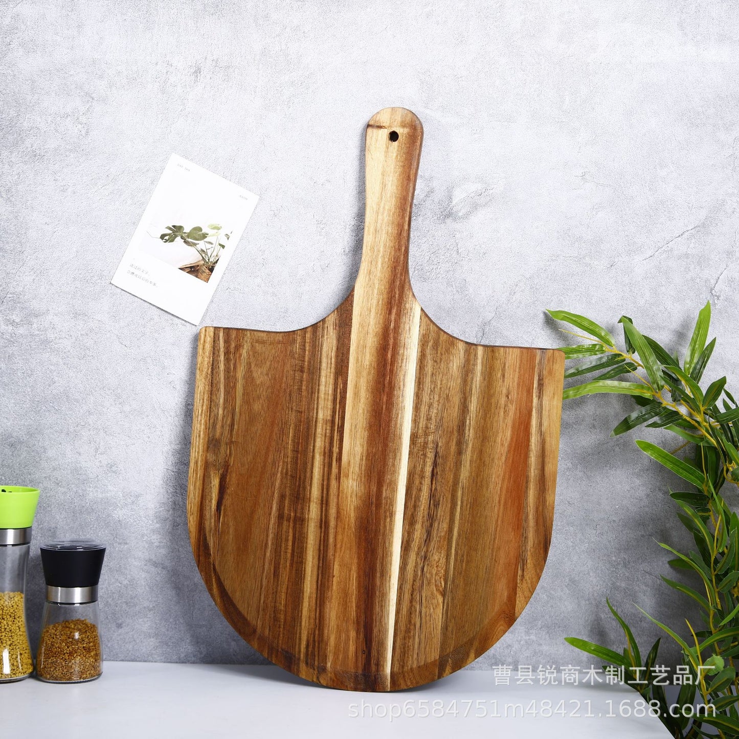 Bamboo Wood Pizza Tray Wooden Fan Steak Pastry Fruit Snack Baking Tableware Tray Handle Can Hang