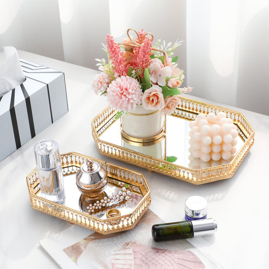 Mirror Glass Tray Nordic Style Golden Iron Storage Tray Fruit Tray Home Living Room Light Luxury Decoration Ornaments