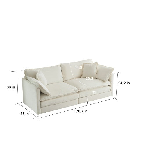 Modern Fabric Loveseat Sofa Couch For Living Room, Upholstered Large Size Deep Seat 2-Seat Sofa With 4 Pillows ,White Chenille