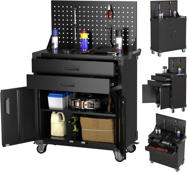Black Tool Cart With Pegboard And 4 Hooks,Garage Storage Cabinet On Wheels With 2 Drawer,Industrial Service Utility Tool Cart For Mechanics, Garage, Workshop