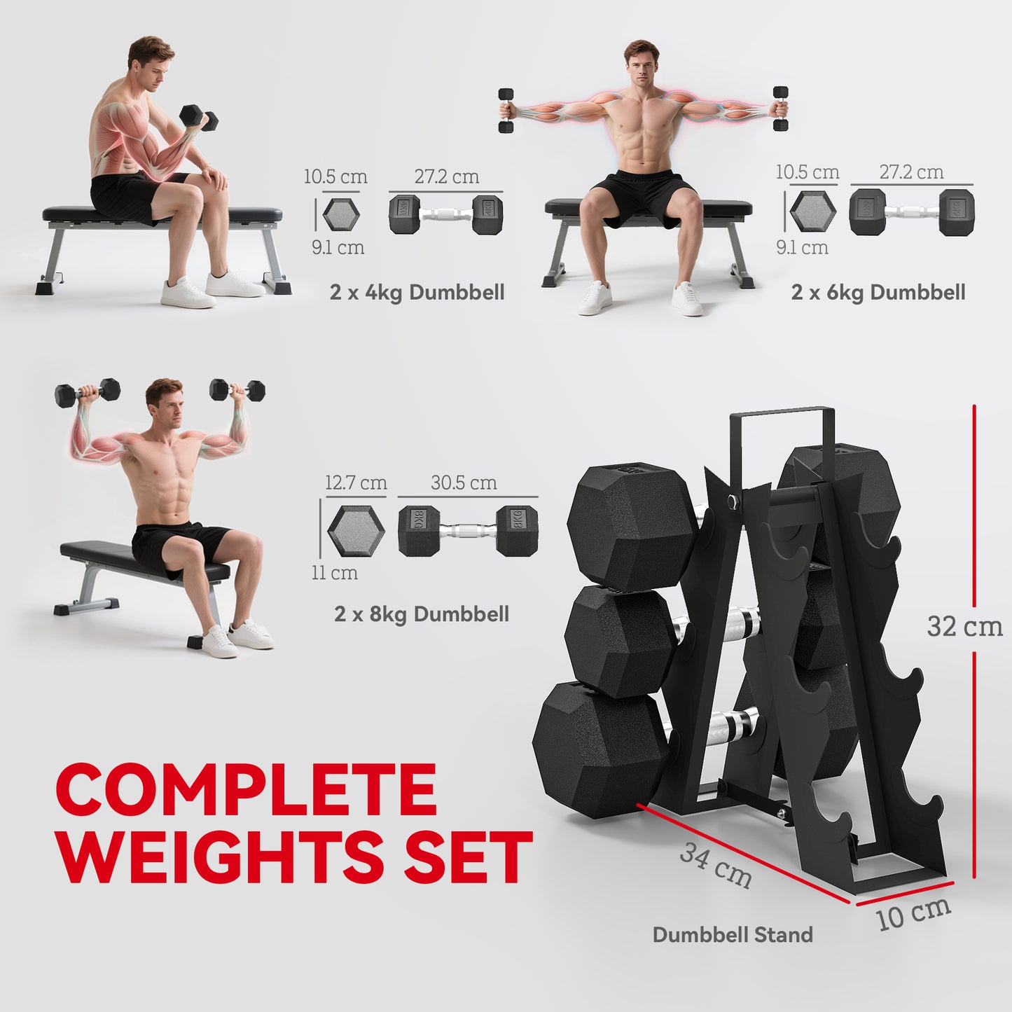 SPORTNOW Hex Dumbbell Set With Weights Storage Rack, Rubber Coated Dumbbells, Non-Slip Chrome Handles, Space-Saving For Home Gym Weight Lifting Strength Training, 2 X 2kg, 2 X 5kg, 2 X 8kg