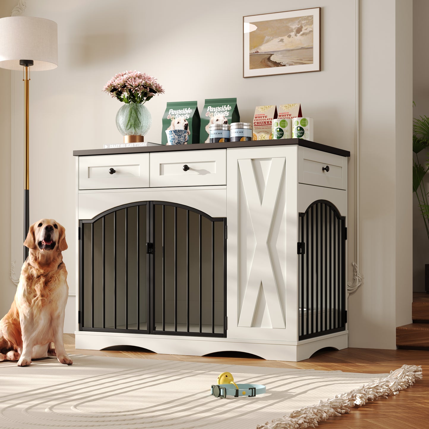GO 43.3 Farmhouse Dog Crate Furniture, Heavy Duty Dog Crate With 3 Drawers, Indoor Wooden Dog Kennel With Removable Feeder, Dog Cage End Table For  Medium Large Dogs, White