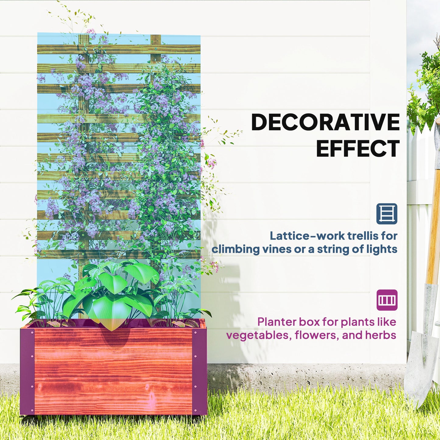 Wooden Raised Garden Bed, Planter Box w/ Trellis and Metal Corners, Portable on Wheels for Patio, Backyard, Deck, Brown