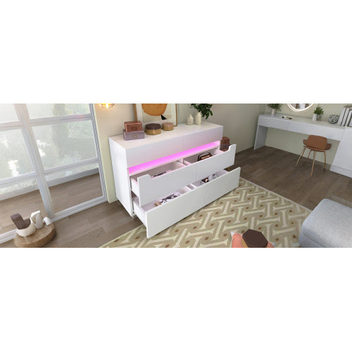 Sideboard Cabinet Dresser With 6 Drawers,Storage With RGB LED App Control, Sideboard With Cut-out Handles, 6-drawers Chest Of Drawers, 71 X 120 X 40 Cm, White