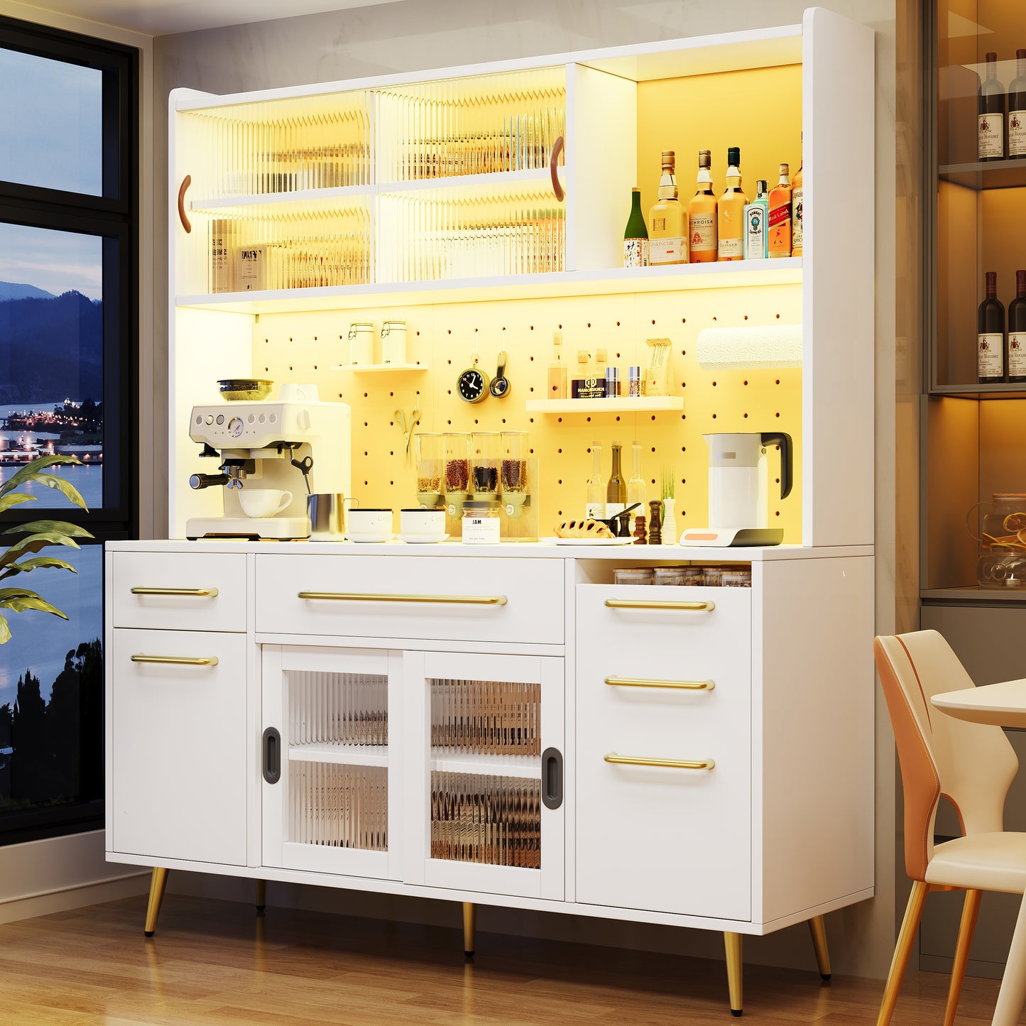 Modernes Sideboard Mit LED Beleuchtung  Hochschrank Fur Kuche  Wohnzimmer, Aufbewahrungsschrank Mit Lochwand, Schublade  Glasboden, White