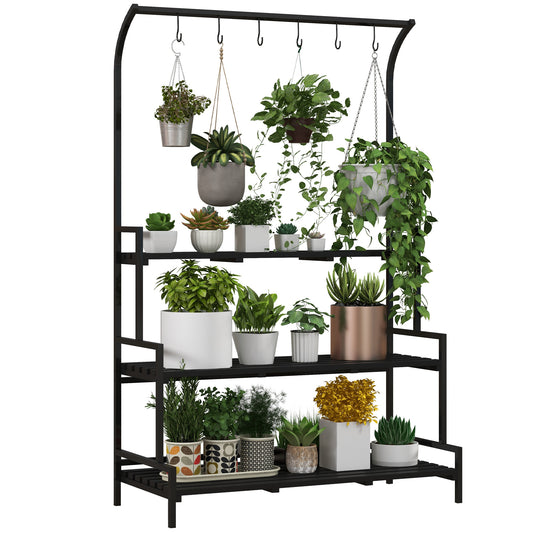 3 Tiered Plant Rack With Hanging Hooks, Tall Plant Stand For Indoor Outdoor Porch Balcony Use, Black