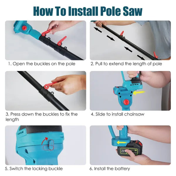 2-IN-1 Cordless Pole Saw And Mini Chainsaw With Extension Pole 21V Battery 6' Electric Brushless Pole Chainsaw With Digital Display Auto Oiler Safety Switch For Tree Trimming