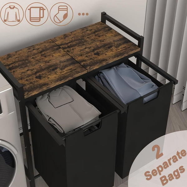 Patio Covered Laundry Basket With Rolling Wheels, Iron Laundry Sorter With Top Rack & 2 Detachable Bags, Outdoor Storage Box For Laundry