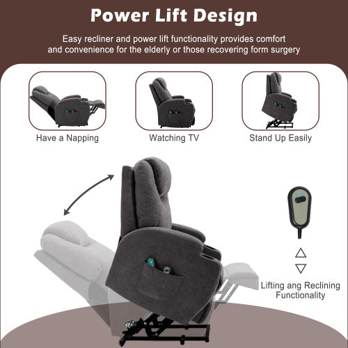 Power Lift Recliner Chair Massage Chair For Elderly, Electric Lift Chair With Heat And Massage, Fabric Recliner Sofa With 2 Cup Holders, Side Pockets & Remote Control For Living Room