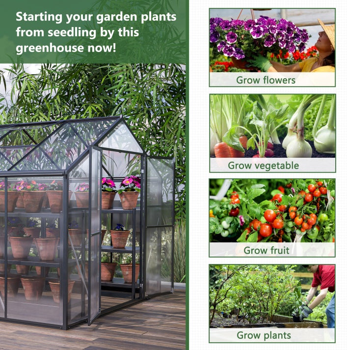 8' X 12' Outdoor Greenhouse, Heavy Duty Polycarbonate Greenhouse, Large Walk-in Greenhouse With Double Doors And Two Ventilation Windows, Aluminum Greenhouse For Outdoor Greenhouse Garden Backyard