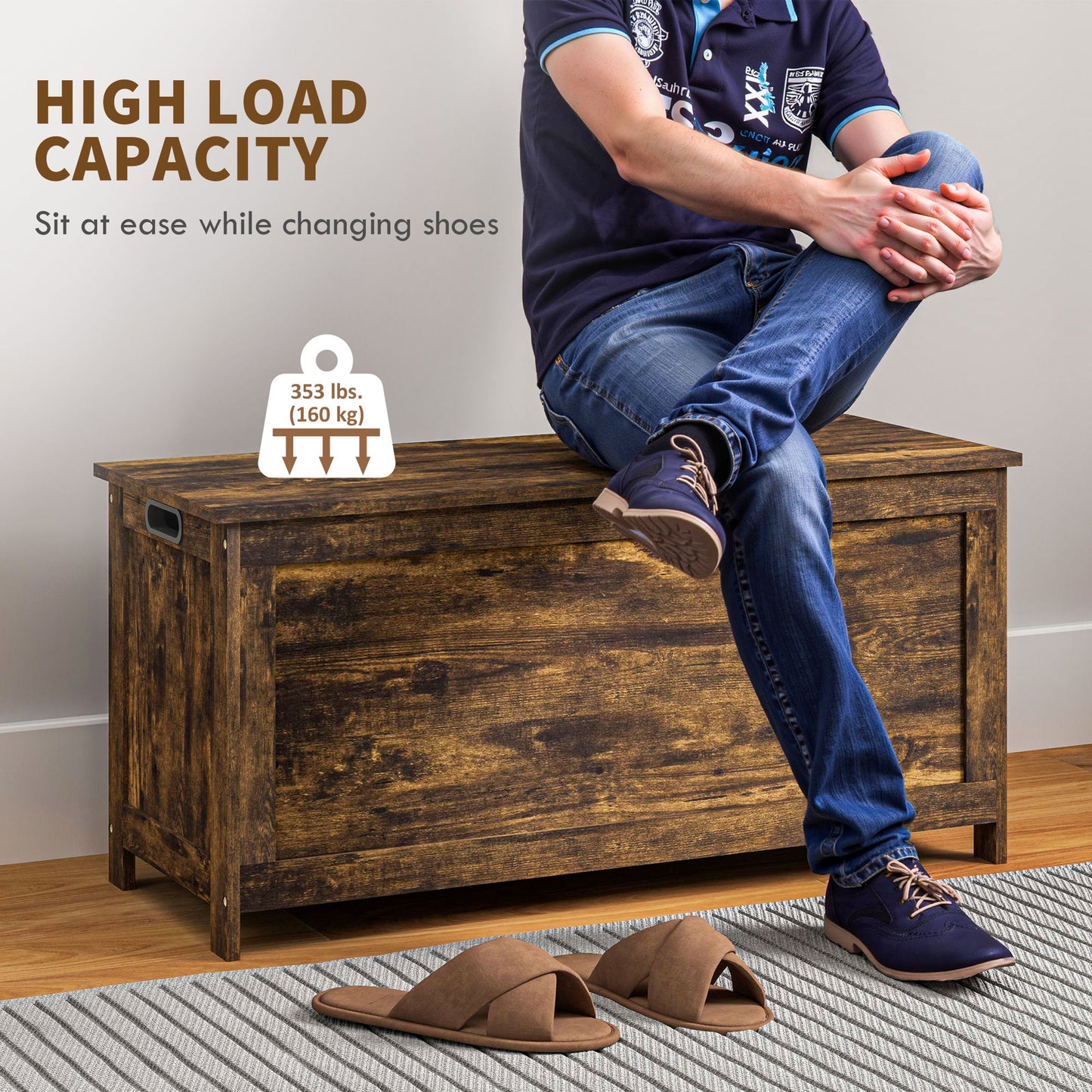 39.4" Storage Trunk w/ 2 Safety Hinges, Wooden Storage Bench w/ Side Handles, Storage Chest for Playroom, Rustic Brown