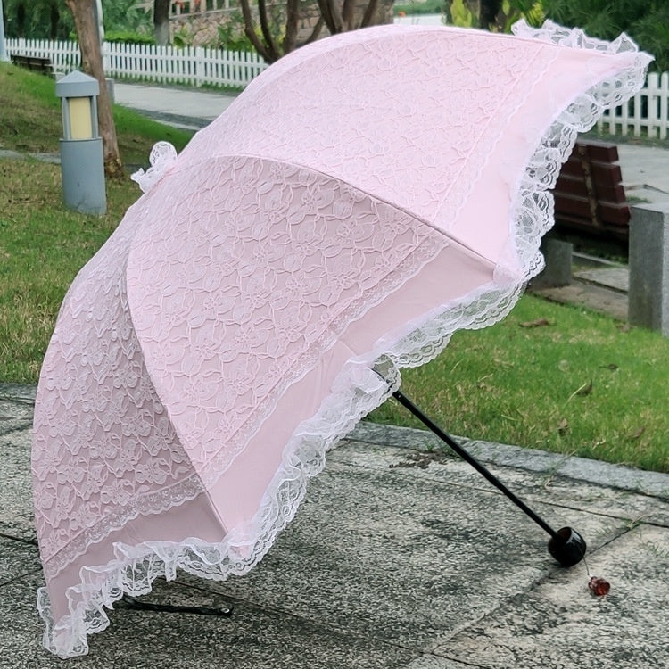 Sun Umbrella UV-proof Lace Black Glue Zero Transparent Three Folding Sun Umbrella