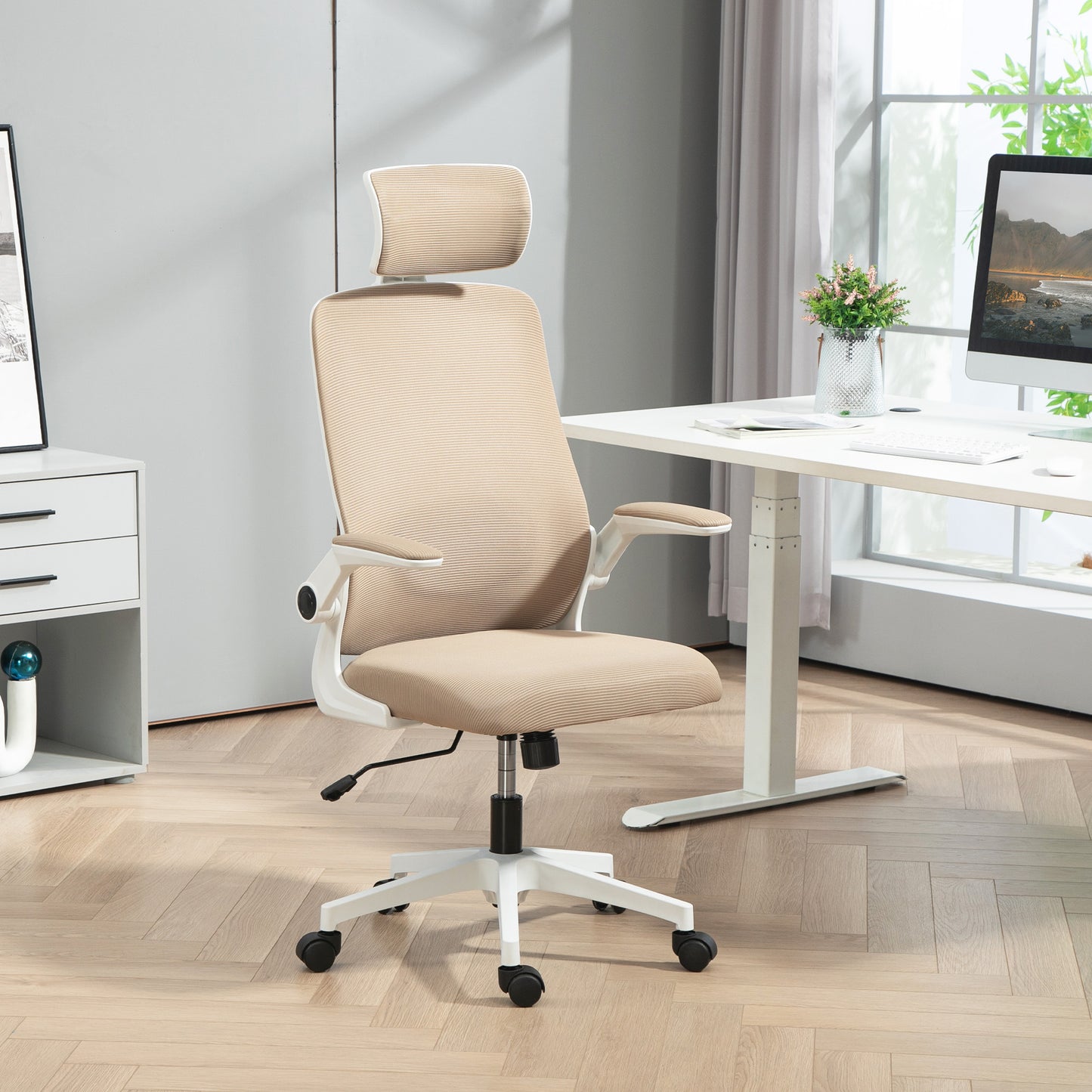 Mesh Office Chair, Ergonomic Desk Chair With Flip-up Armrest, Rotatable Headrest, Adjustable Lumbar Support, Khaki