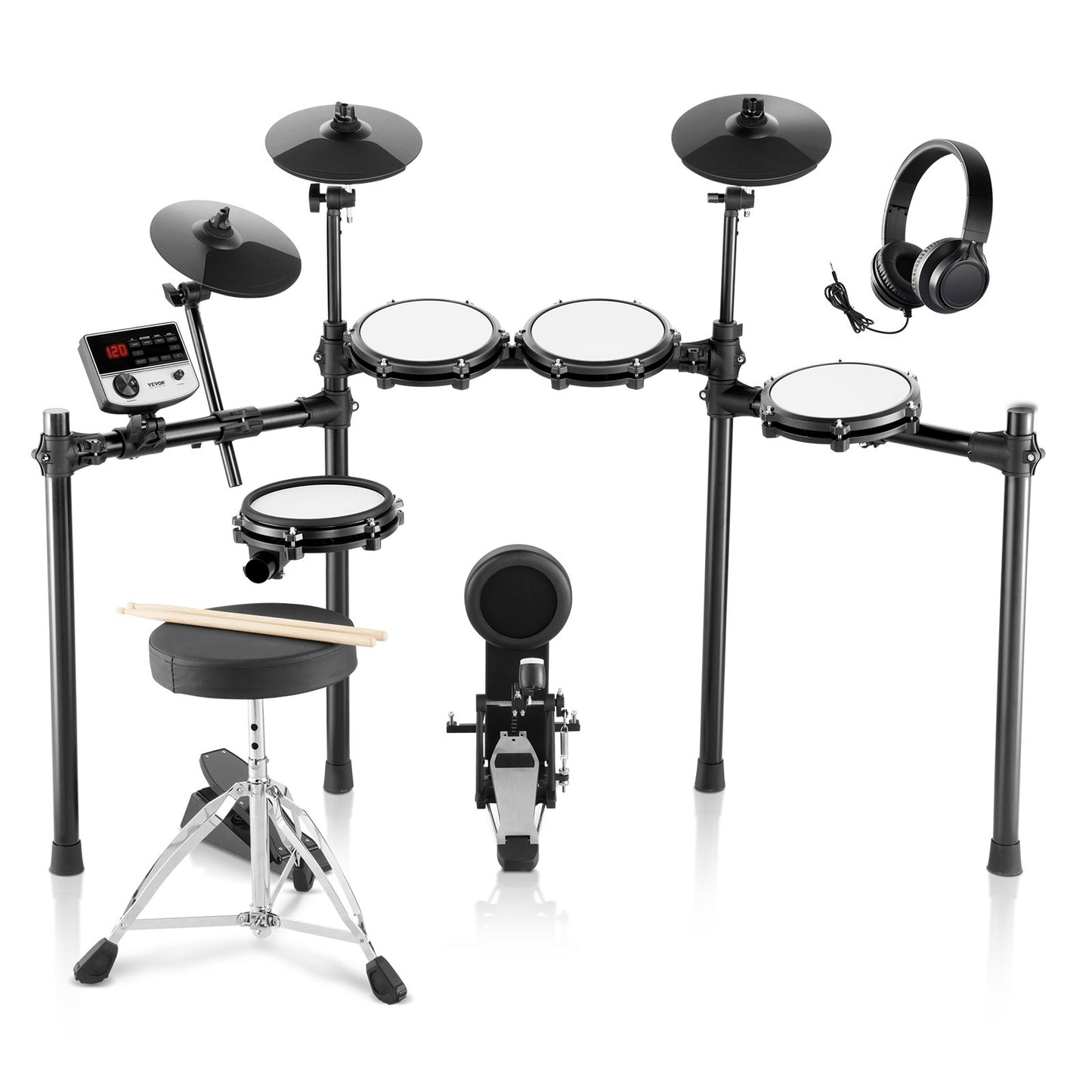 E-Drum-Set, 32 Drum-Kits & 480 Sounds Elektronisches Schlagzeug, USB MIDI-unterstütztes 20,32 Cm Leises Mesh-Snare-E-Drum-Set Mit 25,4 Cm Becken, Drum-Sticks & Kopfhörer, E-Drums